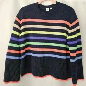 😍 NWOT 😍 Gap 24/7 Split-Hem Cotton Crewneck Sweater, Navy w/ Multi Stripe, XS